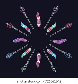 Vector ethnic illustration with frame made of feathers and arrows in boho style. Tribal design.