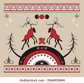 Vector ethnic illustration in the style of Mezen Russian folk painting with deer, plants and borders
