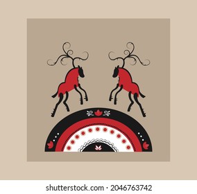 Vektorethnische Illustration mit zwei Hirschen auf einem Berg im Stil des Gemäldes Mäzen-nordrussischen Malers