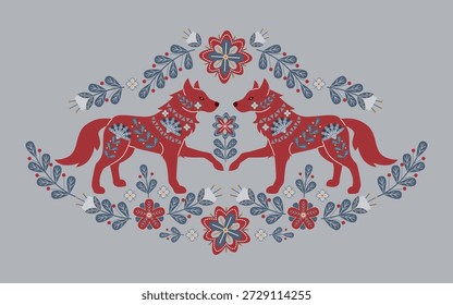 Vector ethnic illustration of two red wolves with symmetry intricate floral patterns standing opposite each other. Surrounded by decorative blue and red flowers and leaves on a soft background.