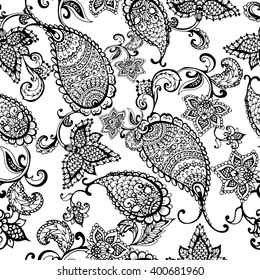 Vector ethnic Indian paisley seamless pattern. Black and white. Hand drawn vector illustration for prints, fabric, wrapping and other design.
