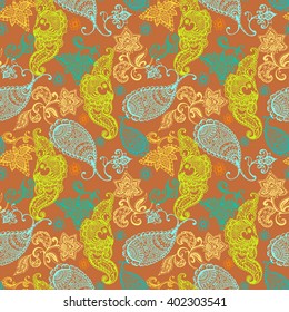 Vector ethnic Indian paisley seamless ornamental pattern on brown. Hand drawn vector illustration for prints, fabric, wrapping and other design.