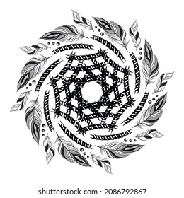 Vector ethnic mandala. Feather and bead pattern, black and white ornament, mystical wheel