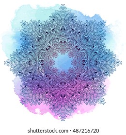 Vector Ethnic Mandala on a colorful watercolor background. Vintage decorative round element. Tattoo element.
