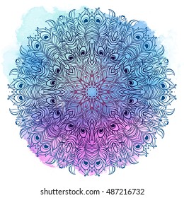 Vector Ethnic Mandala on a colorful watercolor background. Vintage decorative round element. Tattoo element.