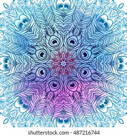 Vector Ethnic Mandala on a colorful watercolor background. Vintage decorative round element. Tattoo element.