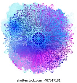 Vector Ethnic Mandala on a colorful watercolor background. Vintage decorative round element. Tattoo element.