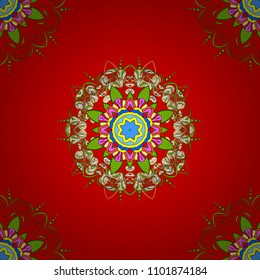 Vector ethnic Mandala ornament. Henna tattoo style on a orange, yellow and green colors. Can be used for textile, greeting card, book, phone case print. Indian floral paisley medallion banners.