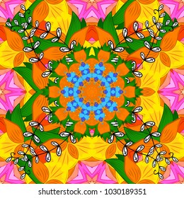 Vector ethnic mandalas, doodle background circles. Orange, yellow and green colors.