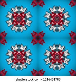 Vector ethnic mandalas, doodle background circles. Blue, red and white colors.