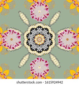 Vector ethnic mandalas, doodle background circles. White, yellow and neutral colors.
