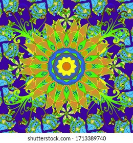 Vector ethnic mandalas, doodle background circles. Green, violet and blue colors.