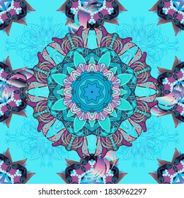 Vector ethnic mandalas, doodle background circles. Neutral, brown and blue colors.