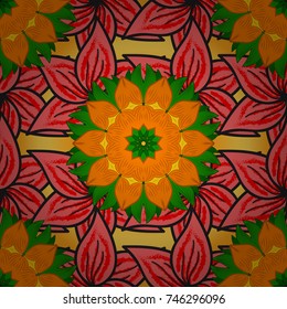 Vector ethnic mandalas, doodle background circles. Pink, orange and green background.