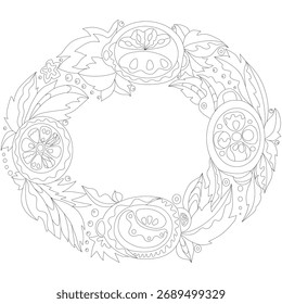 Ethnisches Vektormotiv. Ukrainisches Muster. Dekorative Komposition mit Zitronen- und Limettenmotiven. Botanische Linie Kunstkranz — Handgezeichnete Blumenrahmen Umriss, Obst und Blatt Kreisrahmen zum Färben
