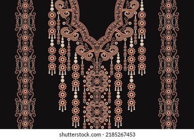 Vector ethnic neck embroidery floral shape red-gold color on black background. Tribal art shirts fashion.