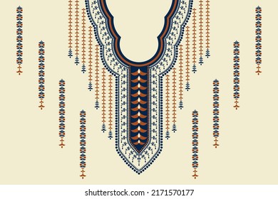 Vector ethnic neck embroidery pattern geometric shape vintage color on white cream background. Elegant tribal art for shirts.