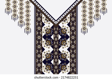 Vector ethnic neck embroidery V-shape geometric flower with triangle pattern design on white color background. Elegant tribal art fashion for shirts.