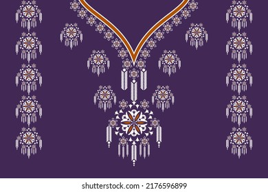 Vector ethnic neck embroidery V-shape geometric flower pattern design with uba on purple color background. Tribal art fashion for shirts.