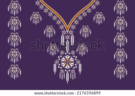 Vector ethnic neck embroidery V-shape geometric flower pattern design with uba on purple color background. Tribal art fashion for shirts.