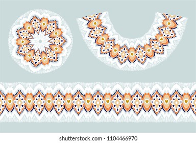 Vector Ethnic necklace. Ikat pattern. Shibori print with chevron. Indian doily. Bohemian fashion. Tie dye art brushes and lace.  Moroccan round ornament.  Embroidered circle. Gypsy folk element.