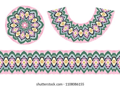 Vector Ethnic necklace. Ikat pattern. Shibori print with chevron. Indian doily. Bohemian fashion. Tie dye art brushes and lace.  Moroccan round ornament.  Embroidered circle. Gypsy folk element.