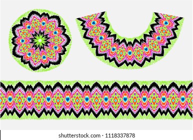 Vector Ethnic necklace. Ikat pattern. Shibori print with chevron. Indian doily. Bohemian fashion. Tie dye art brushes and lace.  Moroccan round ornament.  Embroidered circle. Gypsy folk element.