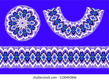 Vector Ethnic necklace. Ikat pattern. Shibori print with chevron. Indian doily. Bohemian fashion. Tie dye art brushes and lace.  Moroccan round ornament.  Embroidered circle. Gypsy folk element.