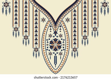 Vector ethnic neckline embroidery geometric flower shape vintage color background. Tribal art fashion for shirts.