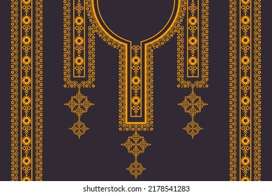 Ethnische Vektorgrafik-Stickerei geometrisches Muster mit Rand auf schwarzem Hintergrund. Tribal Art Mode für Hemden.