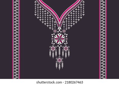 Vector ethnic neckline embroidery geometric flower shape pink color design with border on black background. Feminine tribal art fashion for shirts.