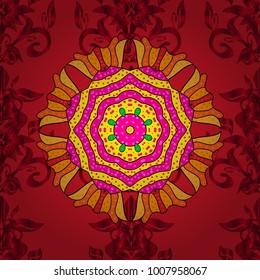 Vector Ethnic Oriental Circle Ornament. Islam, Arabic, Indian, ottoman motifs on a red, yellow and magenta colors. Flower Mandala seamless pattern.