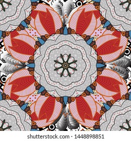 Vector Ethnic Oriental Circle Ornament. Flower Mandala seamless pattern. Islam, Arabic, Indian, ottoman motifs on a gray, neutral and orange colors.
