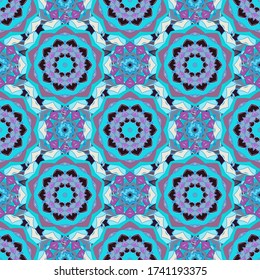 Vector Ethnic Oriental Circle Ornament. Flower Mandala seamless pattern. Islam, Arabic, Indian, ottoman motifs on a brown, violet and blue colors.