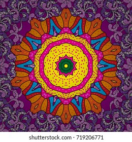 Vector Ethnic Oriental Circle Ornament. Islam, Arabic, Indian, ottoman motifs on a black, orange and yellow colors. Flower Mandala seamless pattern.