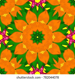 Vector Ethnic Oriental Circle Ornament. Islam, Arabic, Indian, ottoman motifs on a orange, green and yellow colors. Flower Mandala seamless pattern.