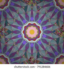 Vector Ethnic Oriental Circle Ornament. Islam, Arabic, Indian, ottoman motifs on a blue, neutral and purple colors. Flower Mandala seamless pattern.