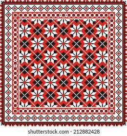 Vector ethnic ornament on the motives of Russian and Ukrainian embroidery on fabric with red and black elements