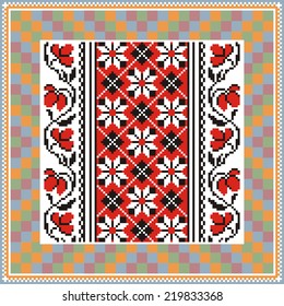 Vector ethnic ornament on the motives of Russian and Ukrainian embroidery on fabric