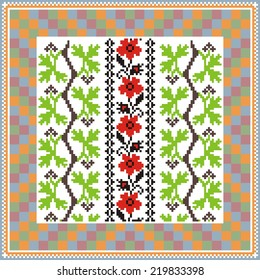 Vector ethnic ornament on the motives of Russian and Ukrainian embroidery on fabric