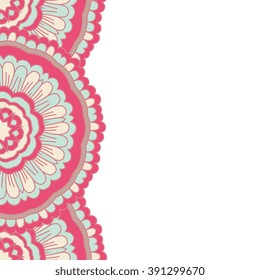 Vector  ethnic ornate background with seamless fringe in trendy color.  Islam, Arabic, Indian, ottoman style. Background, wallpaper, template for greeting card.