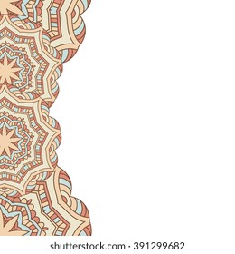 Vector  ethnic ornate background with seamless fringe in trendy color.  Islam, Arabic, Indian, ottoman style. Background, wallpaper, template for greeting card.