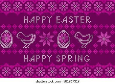 Vector Ethnic Paschal Seamless Pattern, Vintage. Happy Easter Embroidered Handmade Cross-stitch  Greeting Card. Monochrome Ornament.