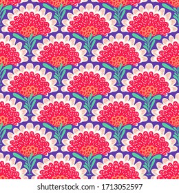 Vector ethnic pattern with flowers. Floral design in bright color in bohemian chic style and retro motif. Spring summer fashion design with red bold flowers. Seamless boho print. Art deco background.