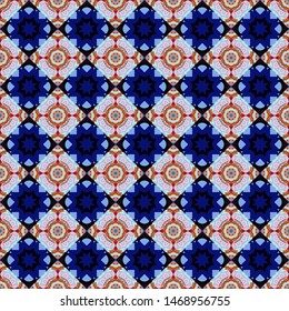 Vector ethnic pattern on the carpet in orange, blue and black colors. Seamless African pattern.