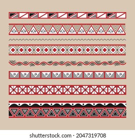 Vector ethnic red and black borders dividers in the style of Russian folk northern Mezen painting for decoration