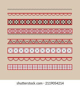 Vector ethnic red and black borders dividers in the style of Russian folk northern Mezen painting for decoration