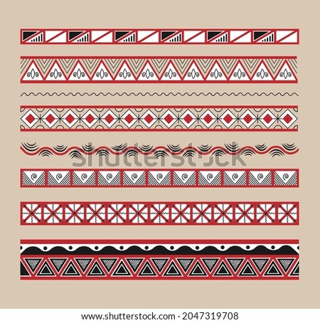 Vector ethnic red and black borders dividers in the style of Russian folk northern Mezen painting for decoration