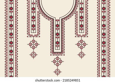 Vector ethnic red color neckline embroidery geometric pattern with border on white cream background. Tribal art fashion for shirts.