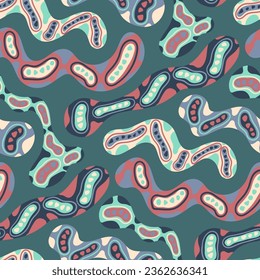 vector ethnic ripple freeform geometric earth tone seamless pattern on green.